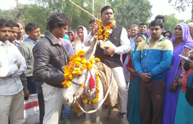 गधे पर बैठकर चुनावी नामांकन करने पहुंचा दादरी प्रत्याशी, जानिए क्यो